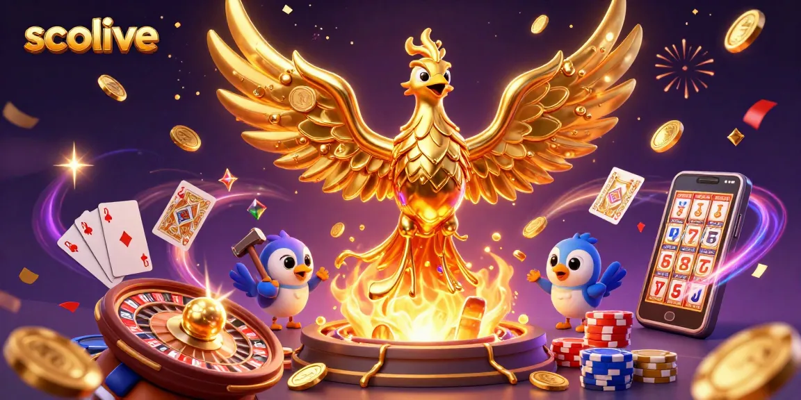 Socolive showcases a vibrant 3D illustration of a phoenix made of molten metal amidst a dynamic casino scene.