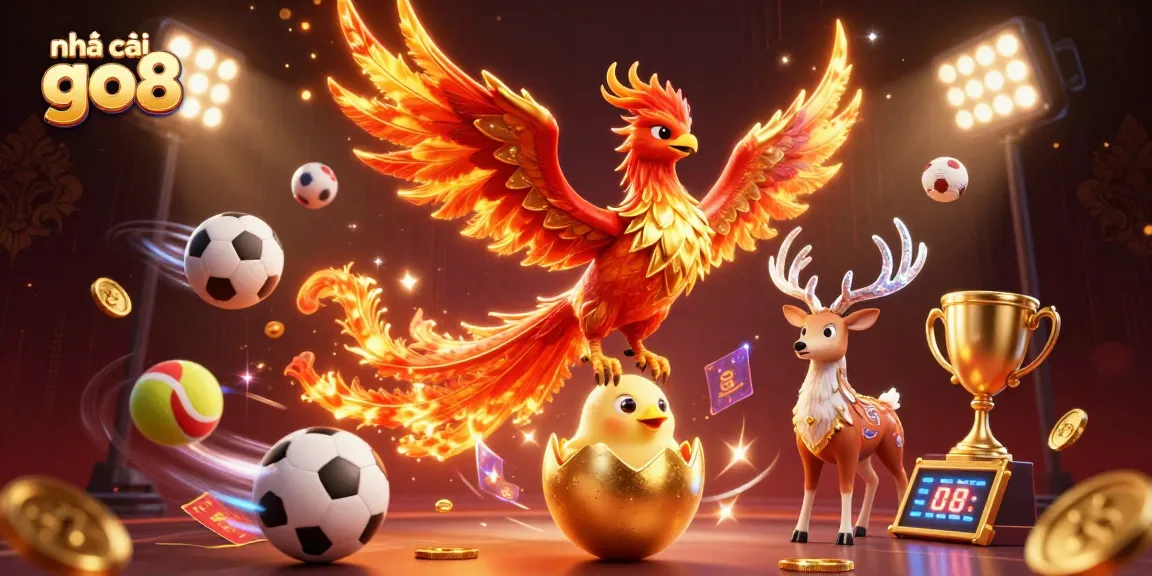 Bet on exciting games at nhà cái go8 with a vibrant casino-themed illustration of a phoenix and sports elements.