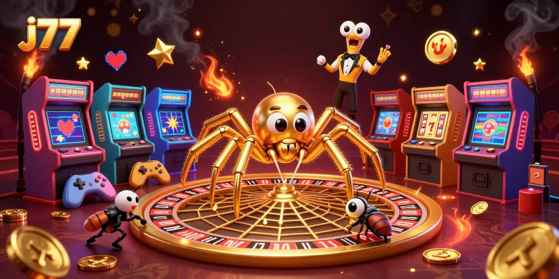 Experience high-stakes fun with j77 as a golden spider spins a roulette web, showcasing vibrant casino elements.