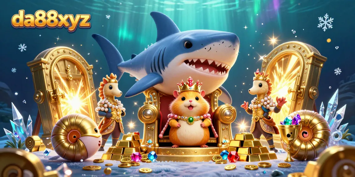 Spin with da88xyz, a fierce hamster king atop a megalodon throne amidst a treasure scene.