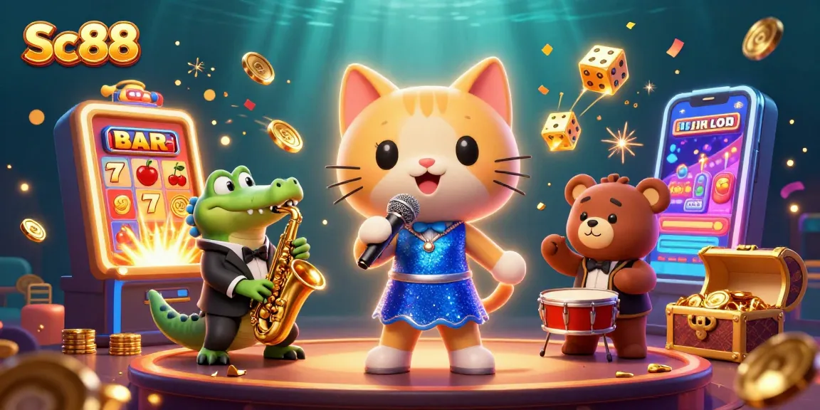 Experience the vibrant Sc88 casino scene with cartoon characters and dynamic gaming elements.