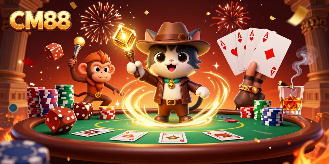 Unleash your luck at CM88 with a cartoon cat explorer discovering a casino artifact.