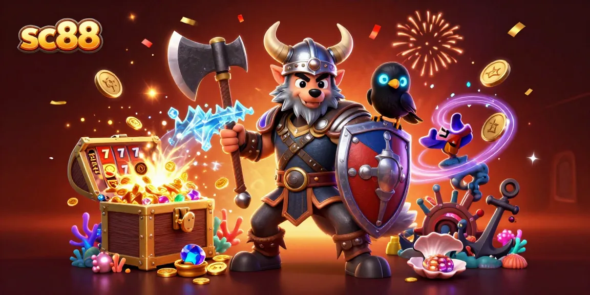 Experience the thrill of sc88 with a Viking warrior and dragon in a packed casino scene.