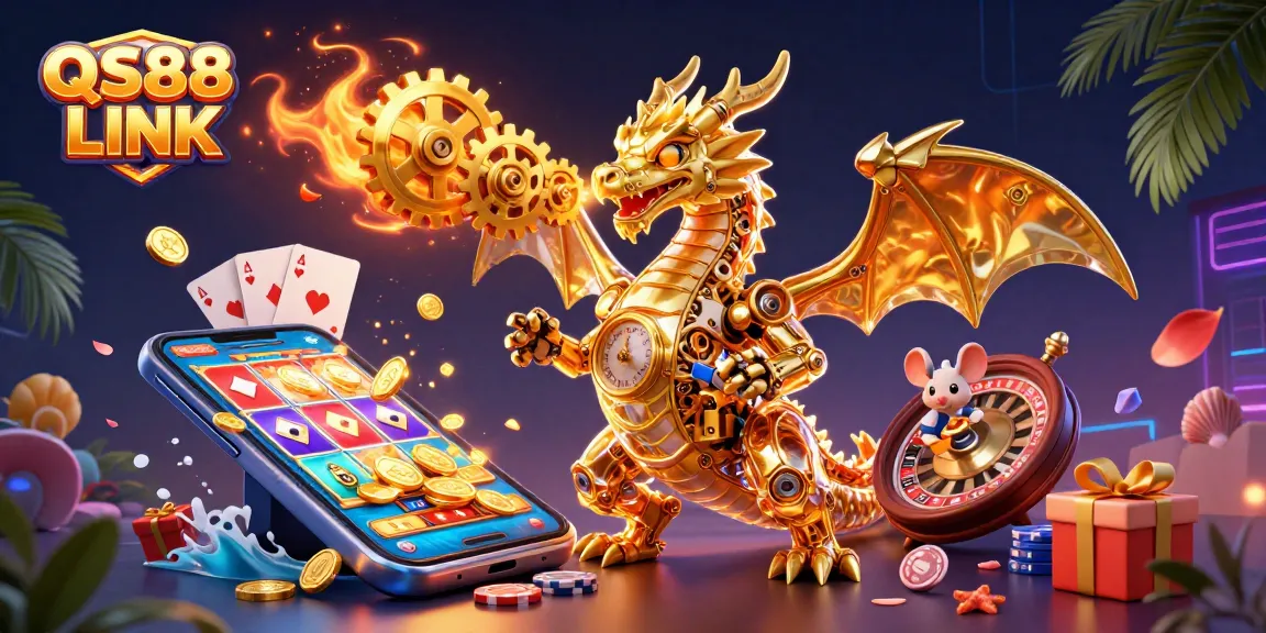 Engage with QS88 LINK while exploring vibrant slot games and dragon-themed 3D illustrations.