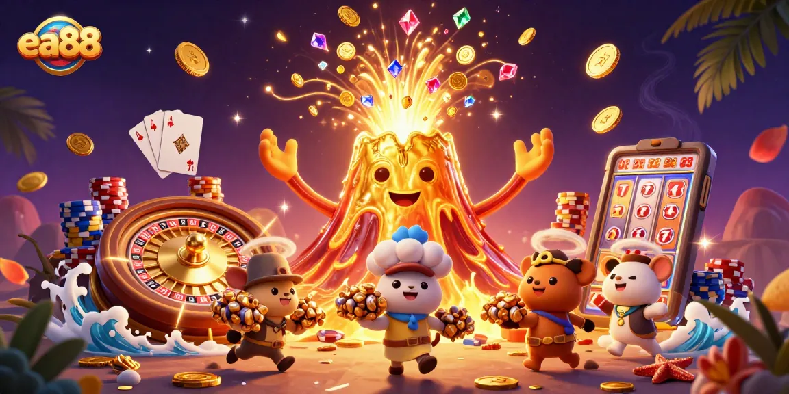 Spin wins and treasures at ea88 with a vibrant gold volcano erupting gems and coins!