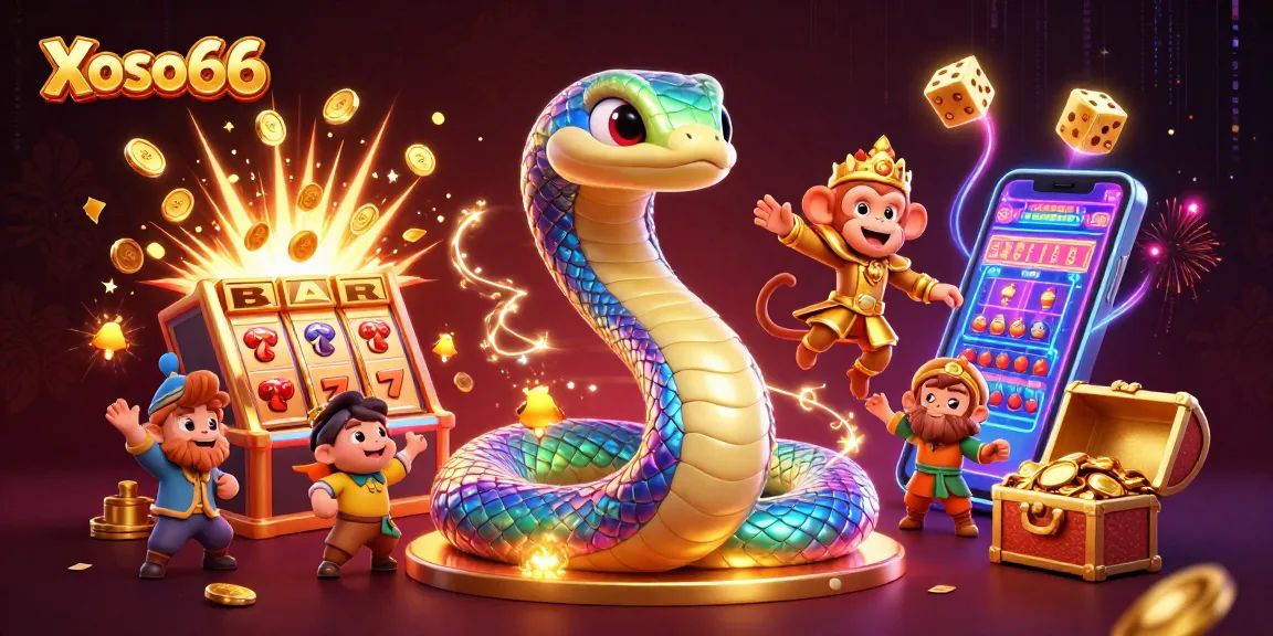 Experience the vibrant world of Xoso66 with a lively jackpot explosion, colorful casino elements, and engaging characters.