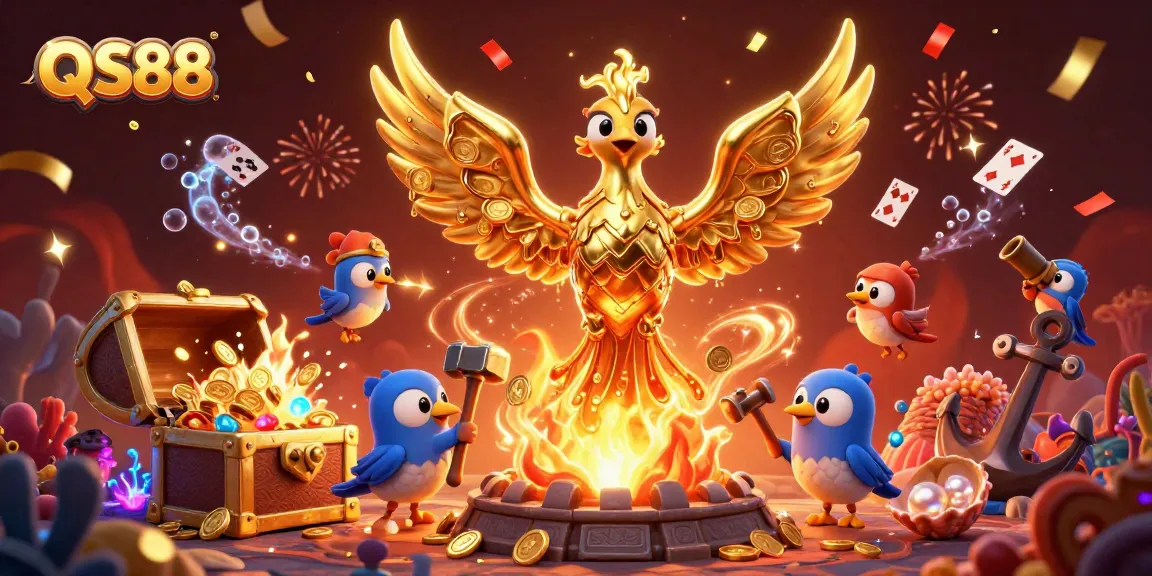 Experience the excitement of QS88 with a dynamic golden phoenix and treasures in vibrant casino illustration
