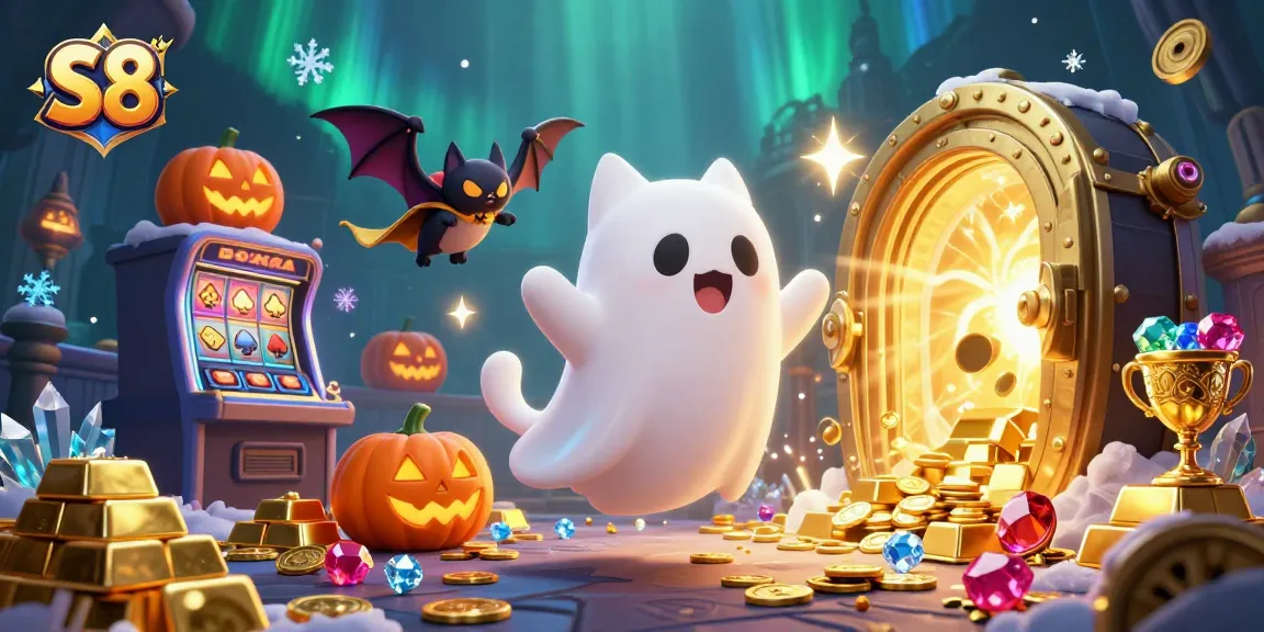 Feel the thrill at S8 as the ghost cat and vampire bat share a haunting casino adventure filled with treasures.