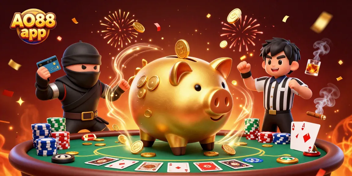 Engage with the AO88 app as a golden piggy bank sumo wrestler stomps coins, surrounded by poker elements.