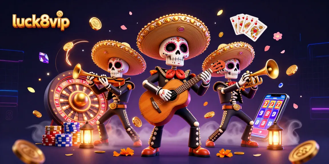 Experience thrilling moments at luck8vip with vibrant 3D casino elements and a lively mariachi band.