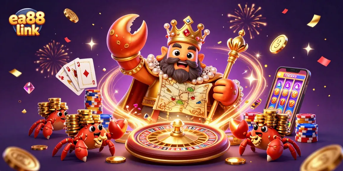 Engage with the fun at ea88 link, showcasing a vibrant casino scene with a golden crab emperor.