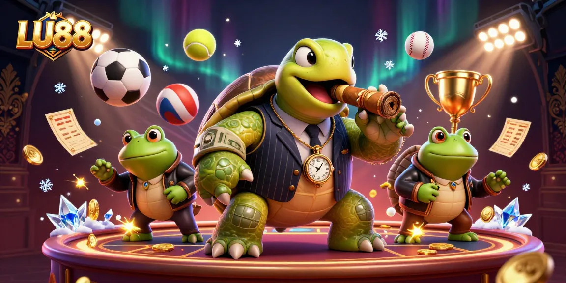 Win big with LU88 in a vibrant 3D casino scene featuring a snapping turtle and bullfrogs.