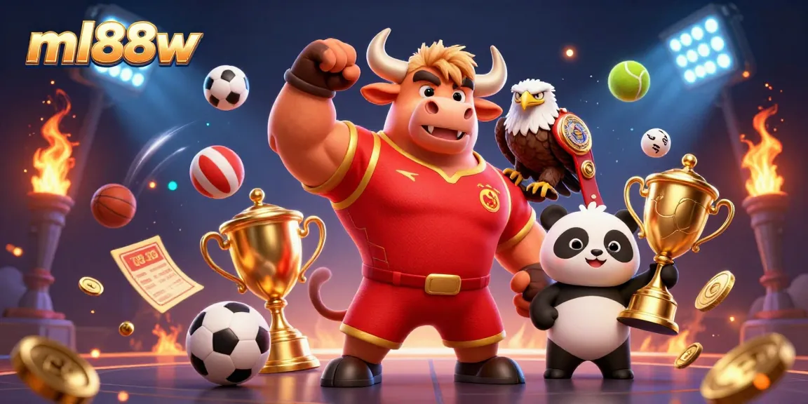 Win big with ml88w as the bull mascot celebrates beside a fierce eagle and a panda trophy holder