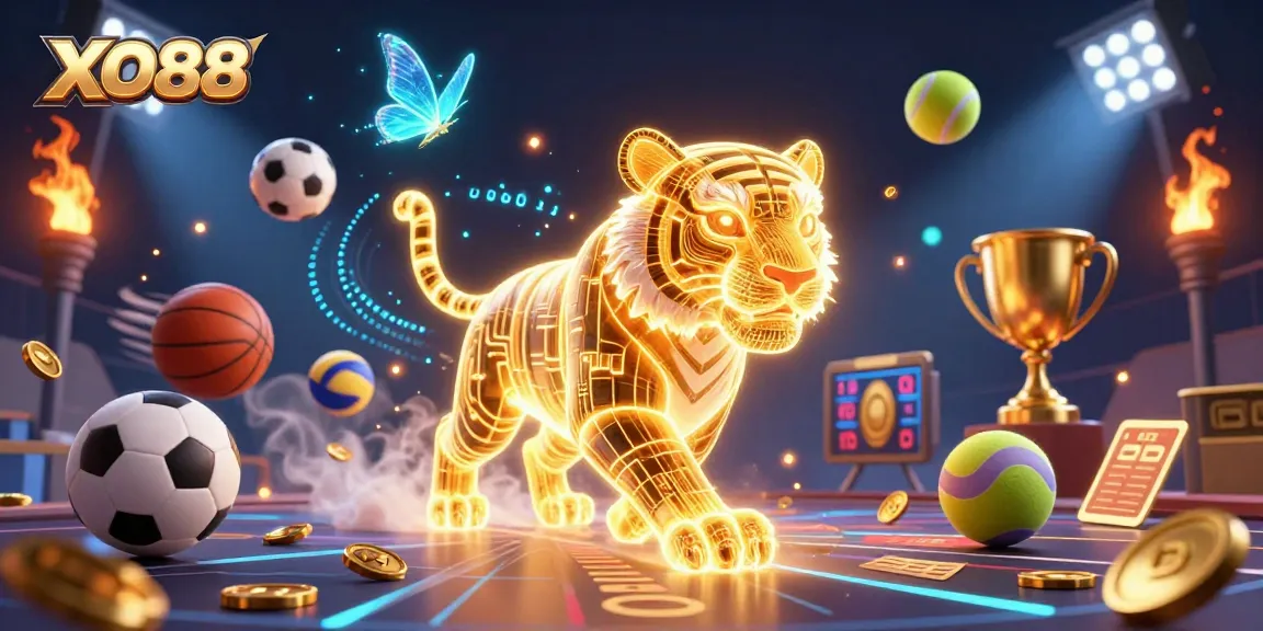 Bet on XO88 with a 3D tiger and sports elements in a vibrant digital casino.