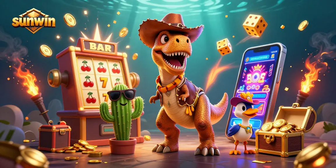Experience thrilling gaming at sunwin with cartoon characters and vibrant casino elements.