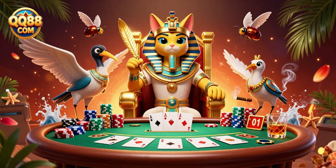 Engage in thrilling poker battles with QQ88 COM featuring vibrant casino elements and royal cat characters.