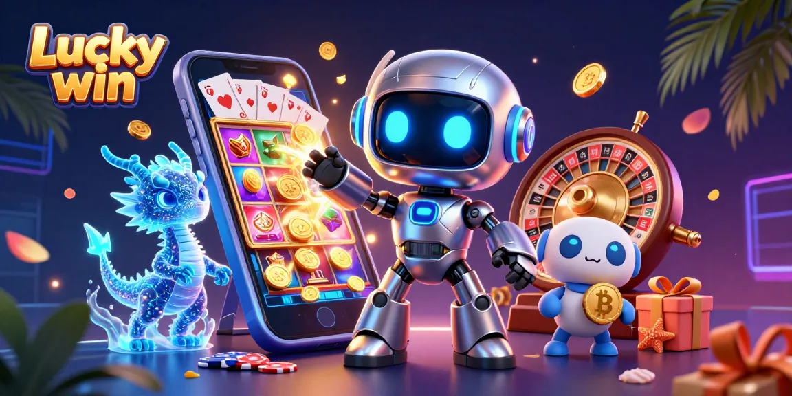 Experience a Lucky win with a vibrant casino scene featuring a futuristic robot, dragon, and drone amidst spinning reels.