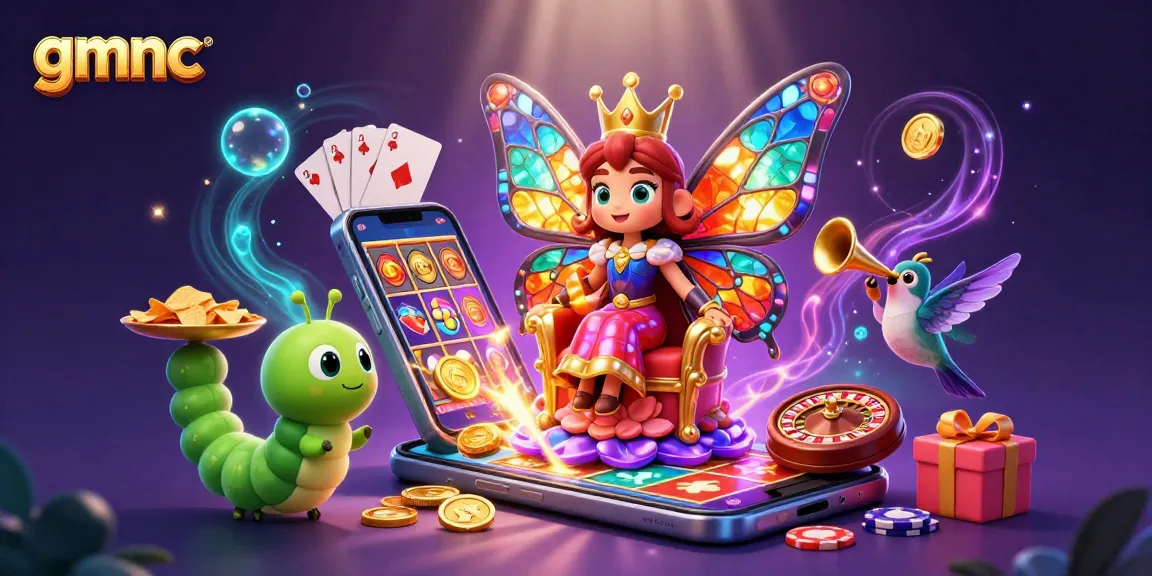 Experience the thrill of gmnc with a vibrant illustration of the butterfly queen amid casino elements.