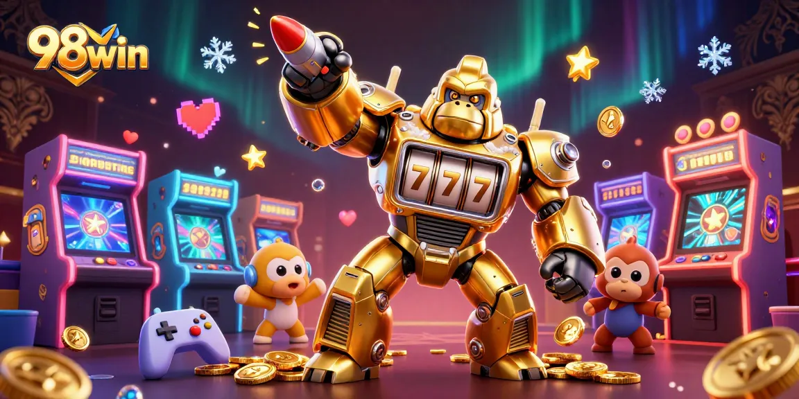 Spin the reels and win big with 98win's casino-themed adventure illustration featuring a golden gorilla mech.