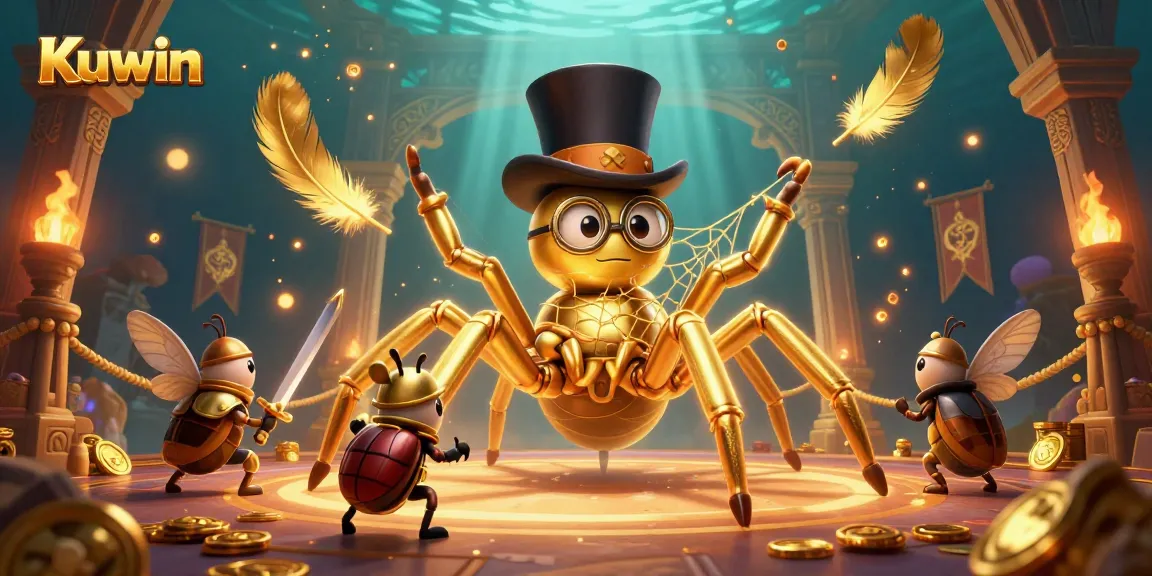 Kuwin features a golden tarantula weaving a web in an exciting casino scene with dynamic characters.