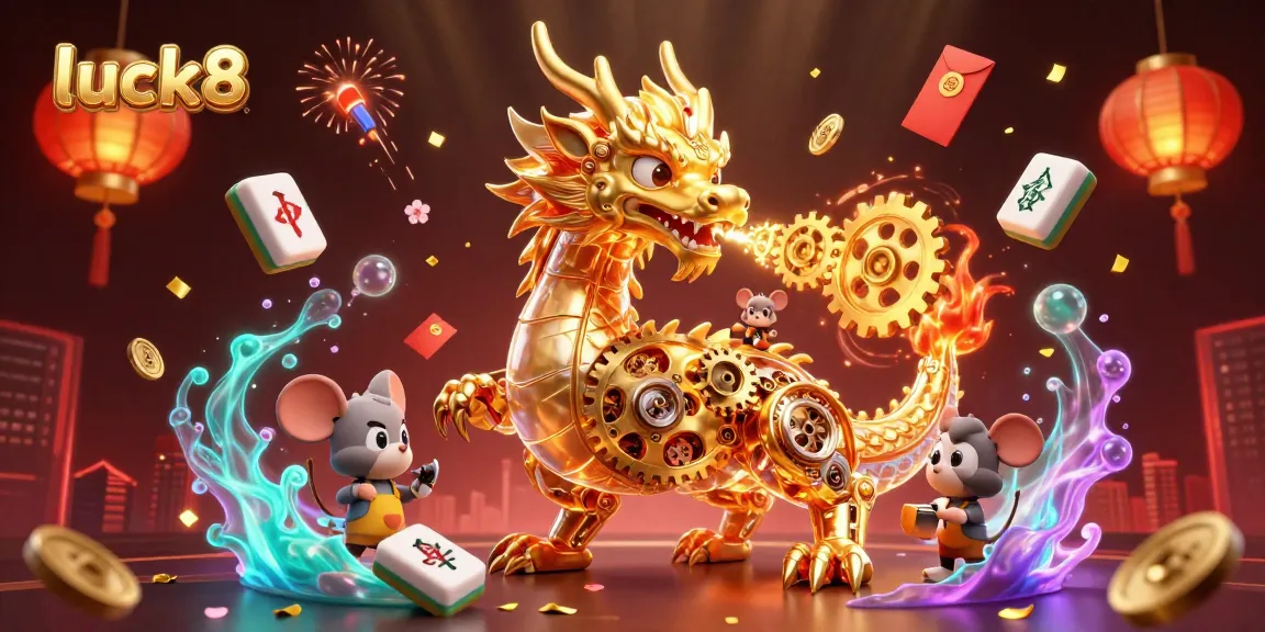 Experience luck8 casino thrills with a golden dragon and a tiny mouse engineer amidst joyful gaming symbols.