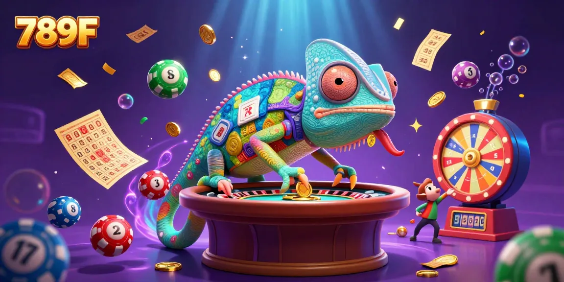 Engage in exciting activities at 789F, featuring a playful chameleon casino owner amidst colorful gambling elements.
