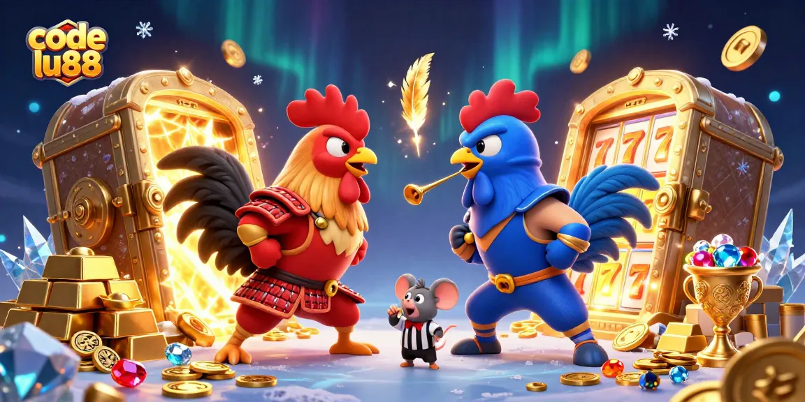 Experience the thrilling code lu88 gameplay featuring dynamic cartoon roosters battling amid treasures!