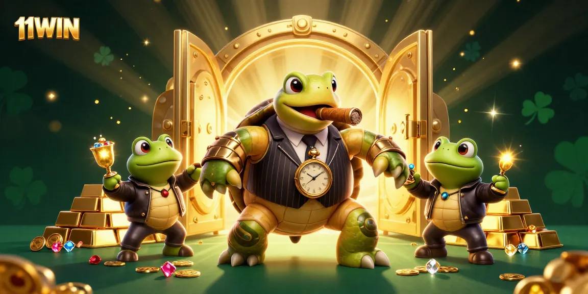 Experience thrilling wins with 11WIN, featuring cartoon turtle mobsters on a vibrant casino floor.