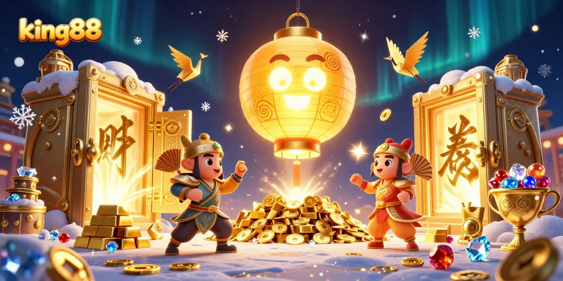 Experience the excitement of king88 with captivating casino-themed 3D illustration, showcasing rich treasures and dynamic characters.