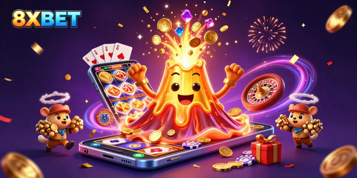8XBET erupts with treasures as golden volcano delights gamers in a rich casino landscape.