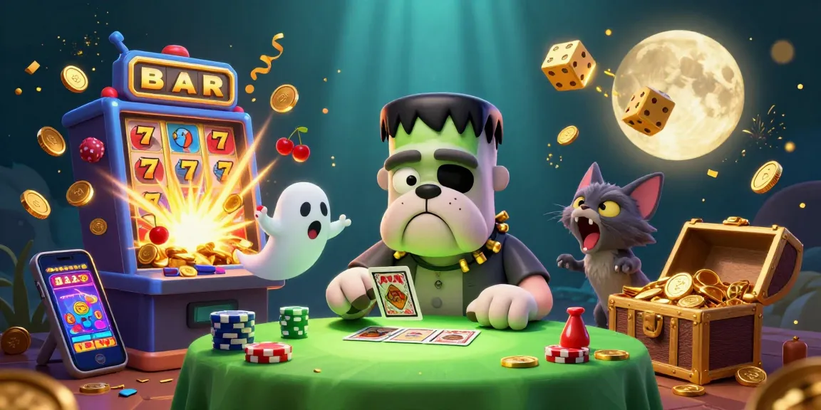 Xoilac offers thrilling gambling moments with Frankenstein bulldog dealing cards and a werewolf kitten in a lively casino scene.