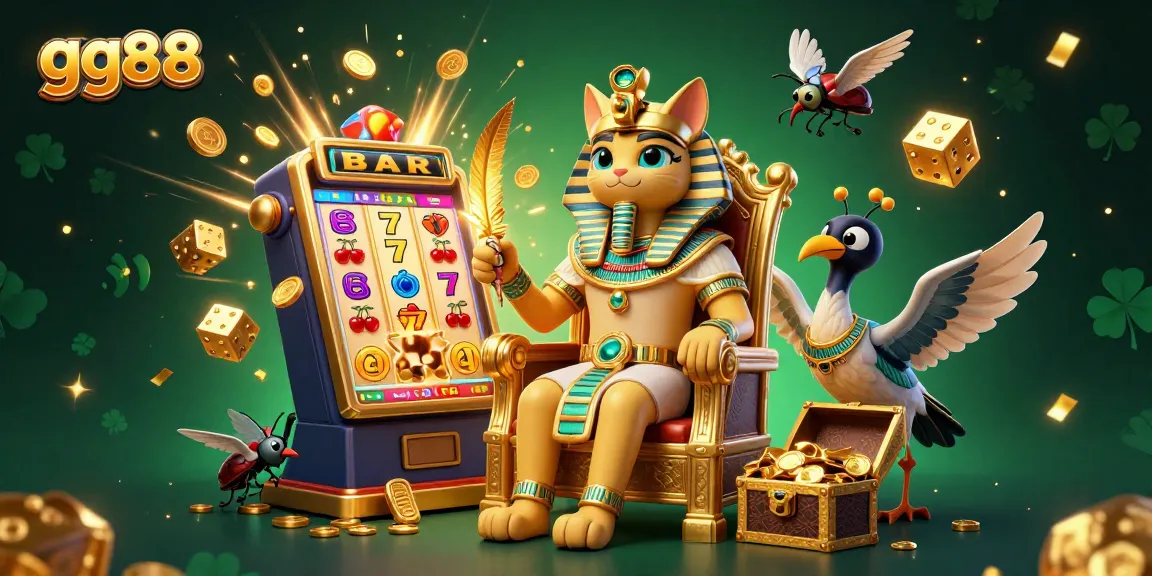 Spin and win with gg88's vibrant casino-themed 3D illustration showcasing thrilling slots and Egyptian motifs.