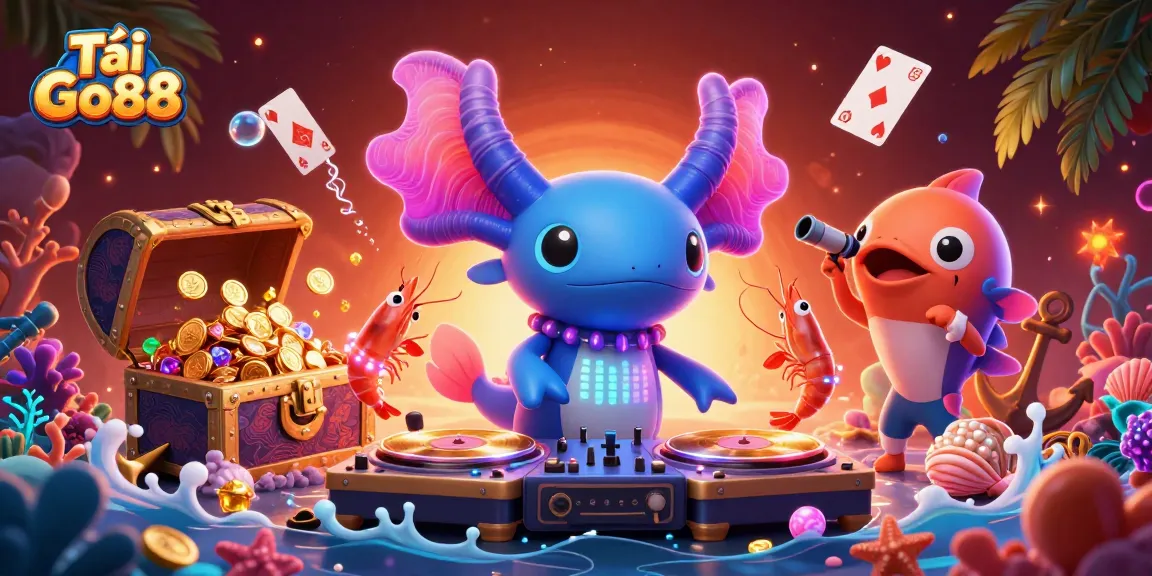 Tải Go88 - Engage with a vibrant casino-themed underwater scene featuring a DJ axolotl and dance party.