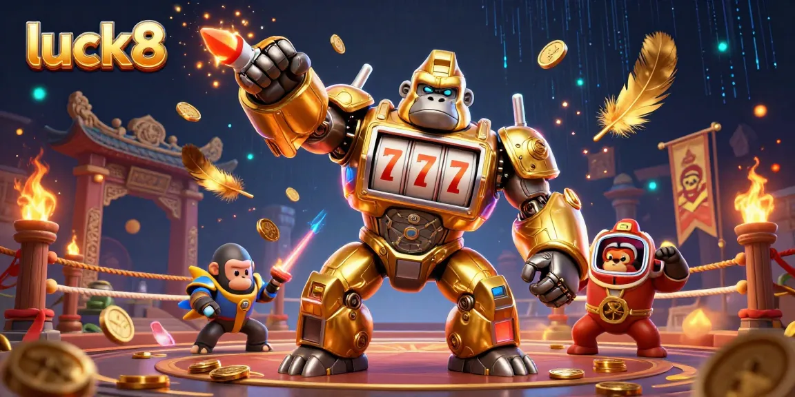 Experience thrilling gaming at luck8 with a vibrant 3D illustration of a mech-driven slot machine, exploding coins, and electric energy.