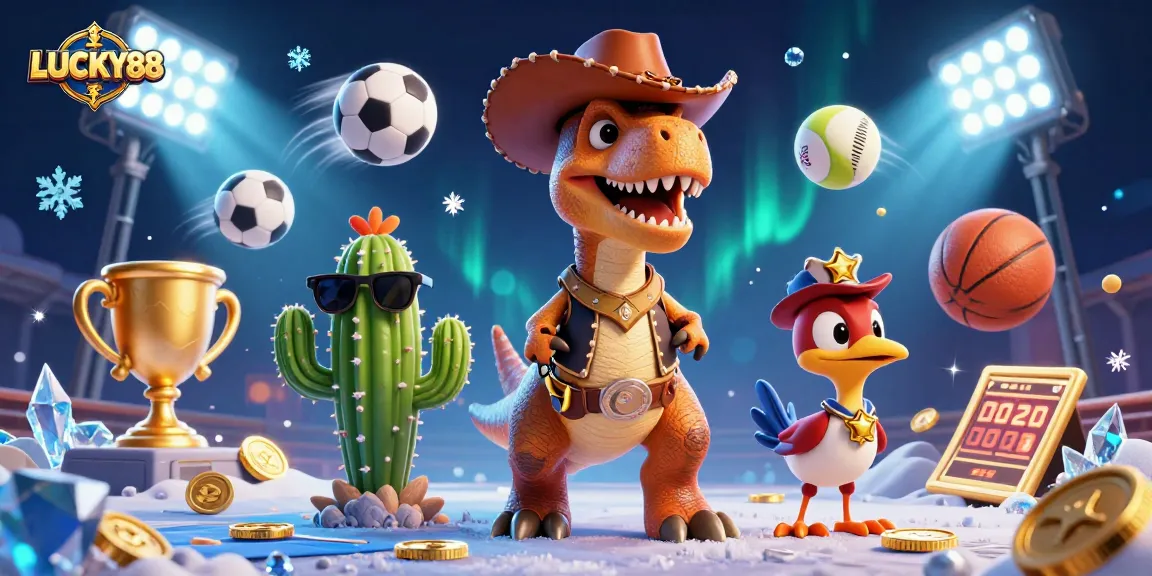 Experience thrilling wins at LUCKY88 casino with a vibrant 3D scene featuring interactive characters and vibrant gaming elements.